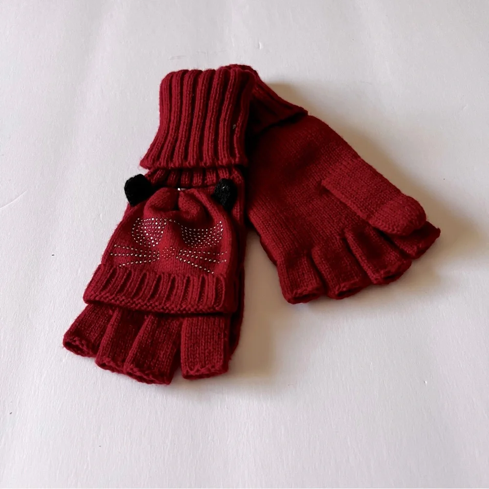 KARL LAGERFELD POP TOP CONVERTIBLE FINGERLESS GLOVES MITTENS RED KARL CAT LOGO